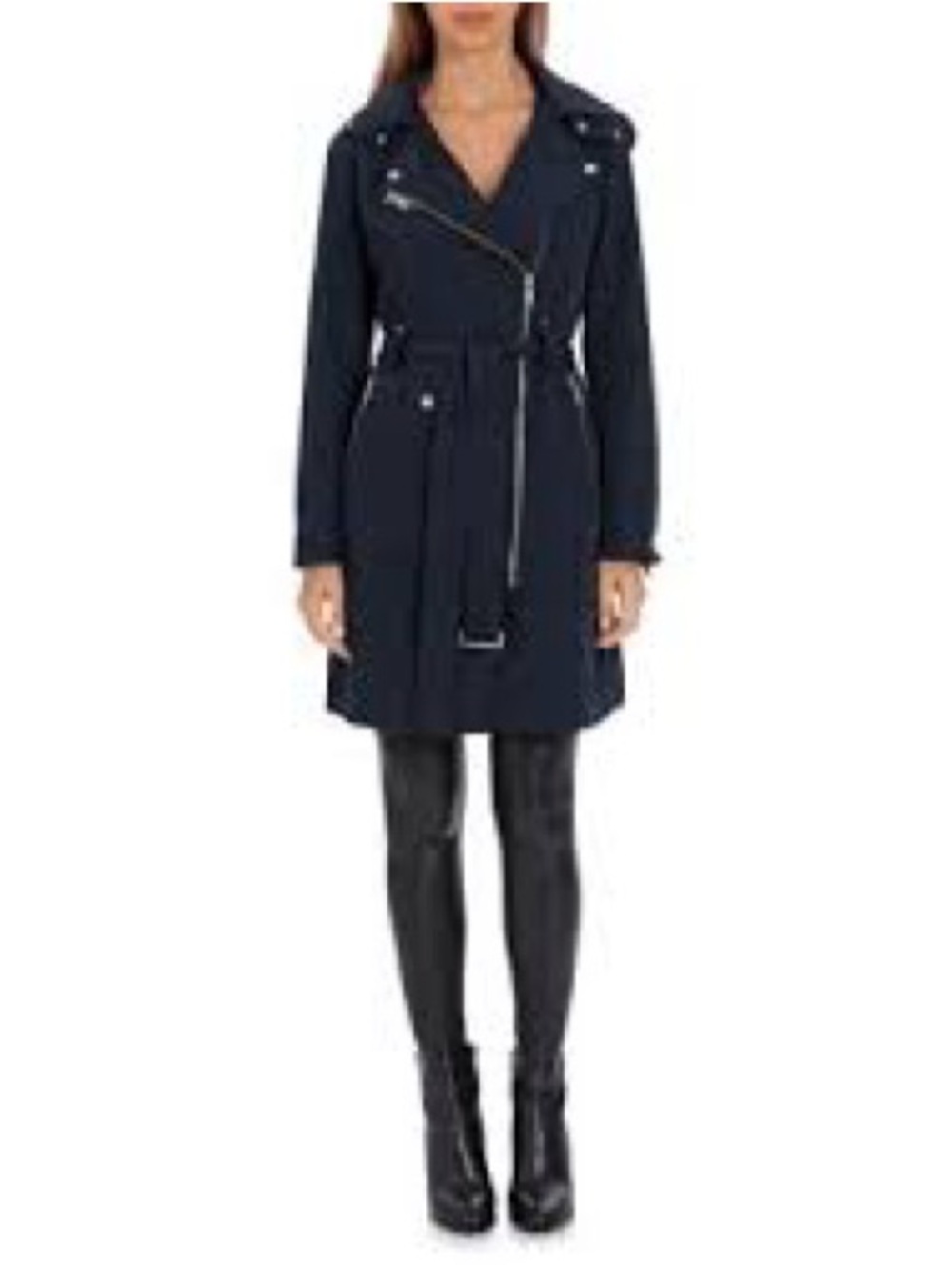 Avec Les Filles Navy Asymmetric Belted Trench Coat